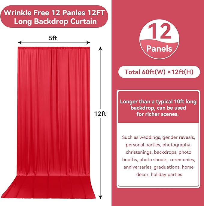 60ftx12ft Wrinkle Free Red Backdrop Curtain, 12 Panels 12FT Height Red Wedding Backdrop Drapes, Silky Polyester Back Drop Cloth for Birthday Photography Background Party Backdrop Draping