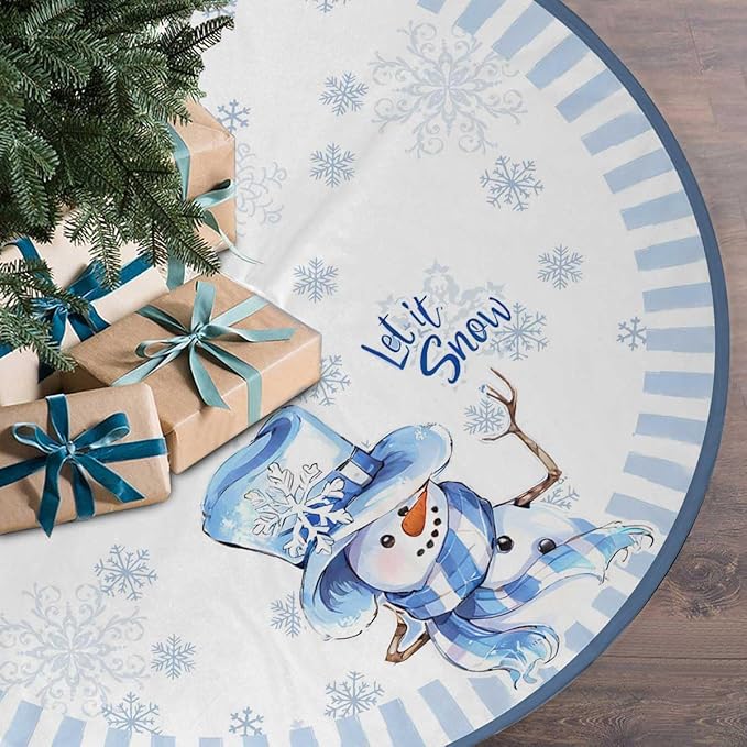 Let It Snow Snowman Christmas Tree Skirt 48 Inches, Blue Snowflake Tree Skirt, Winter Xmas Tree Mat for Home Party Holiday Indoor Outdoor Decorations (Blue, 48in)