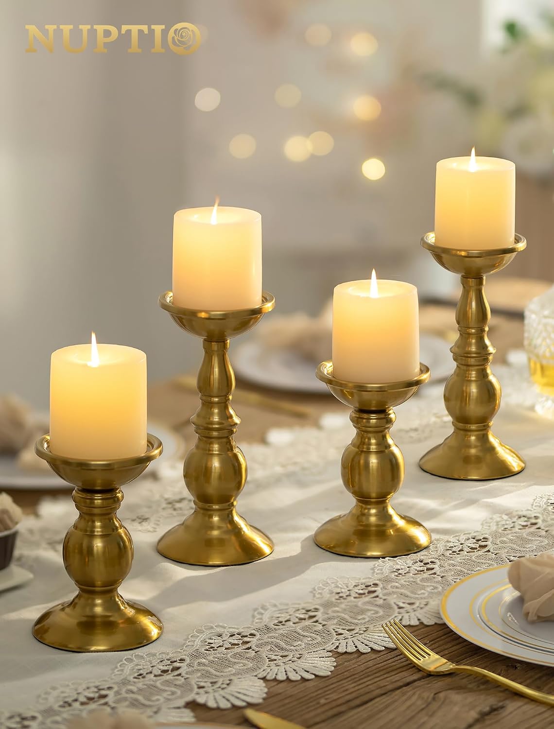 NUPTIO Gold Candle Holder for Table: Tall Brass Candleholder Decorative for Pillar Candles - Metal Vintage Stand for Christmas New Year Fireplace Table Centerpiece Set of 2 (S+L)