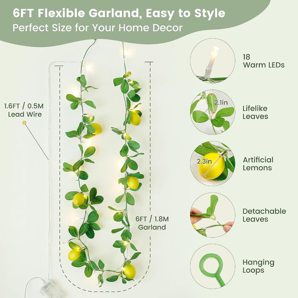 HEYFUNi 18 Led 6FT Lemon Garland Vine with Lights, USB & Battery Operated | Faux Lemon Vine with Remote, Timer, 8 Modes, 4 Brightness & Speed, Artificial Vine for Decoration, Mantel, Table,Summer Decor