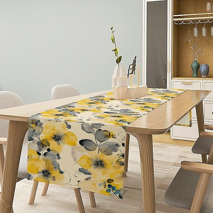 Floral Table Runner,Yellow Flowers Spring Print Table Cloth Kitchen Dining Table Home Party Decoration 13x72 Inch