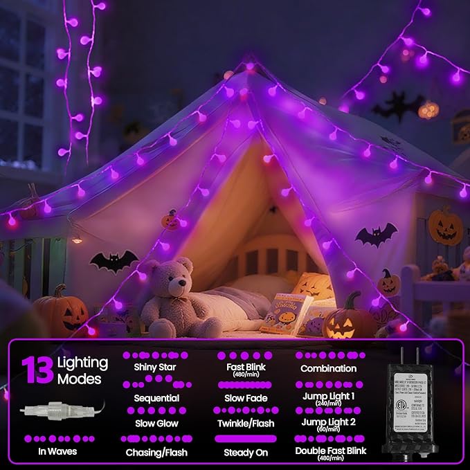 LORRYTE Connectable Purple Halloween Lights Outdoor Indoor - 43FT 100LED Globe String Lights Plug in with Timer, 13 Modes Fairy Light Waterproof for Party Halloween Decorations Bedroom Decor