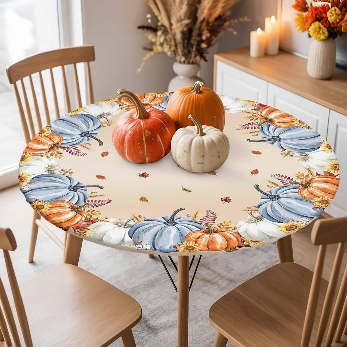 Fall Pumpkin Round Table Cloth Thanksgiving Fitted Tablecloth,Maple Leaves Ta...