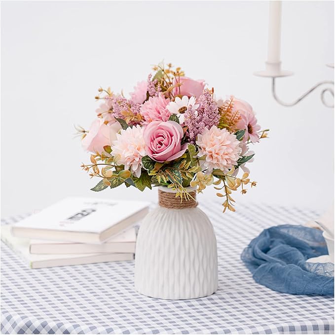 Epicpetal Fake Flowers in Vase, Artificial Pink Flowers in Vase for Decoration Faux Flowers Fake Floral for Home Decor Indoor Dining Table Centerpiece (Pink)