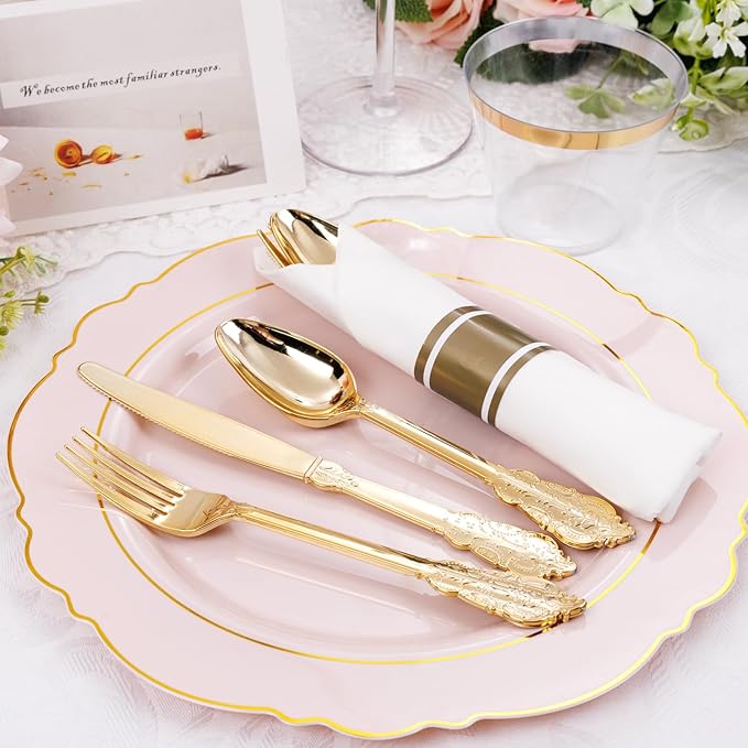 Liacere 350PCS Pink Plates Disposable - Pink and Gold Plates 50guest Baroque Plastic Dinnerware include 100Plates, 50Pack Pre Rolled Napkins with Silverware 50Cups Perfect for Wedding＆Mother's Day