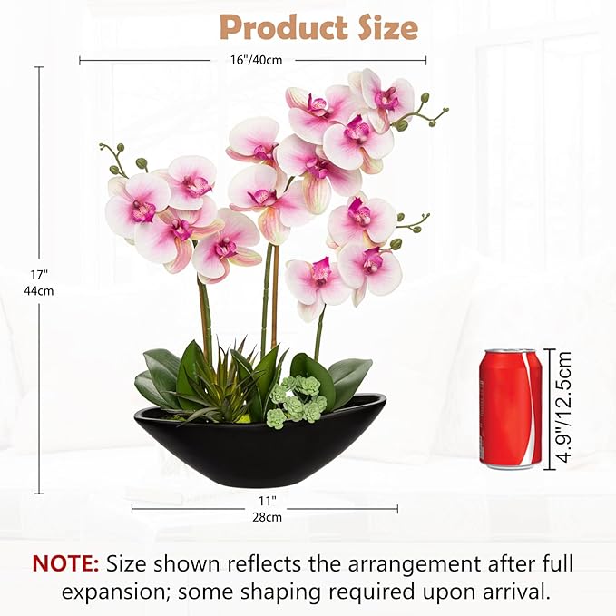 Briful Pink Orchid Fake Flowers 17in Artificial Orchid Silk Flowers in Black Pot Faux Orchid Arrangement for Home Office Bathroom Table Centerpiece Modern Decor