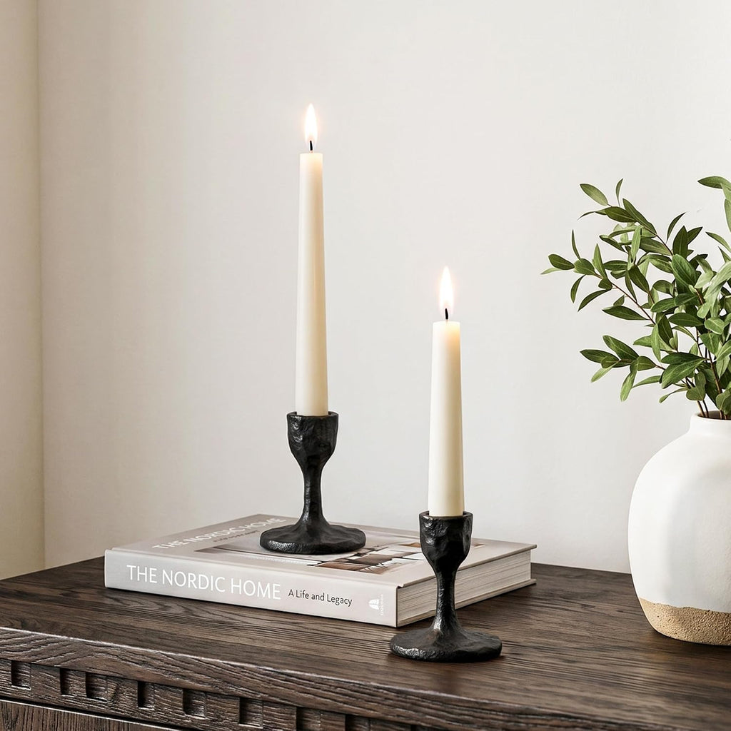 Black Candlestick Holders Antique: Cast Iron Taper Candle Holder Handcrafted Vintage Candle Sticks Holder Rustic Decor for Dinning Table Mantel Home Party Halloween Set of 2