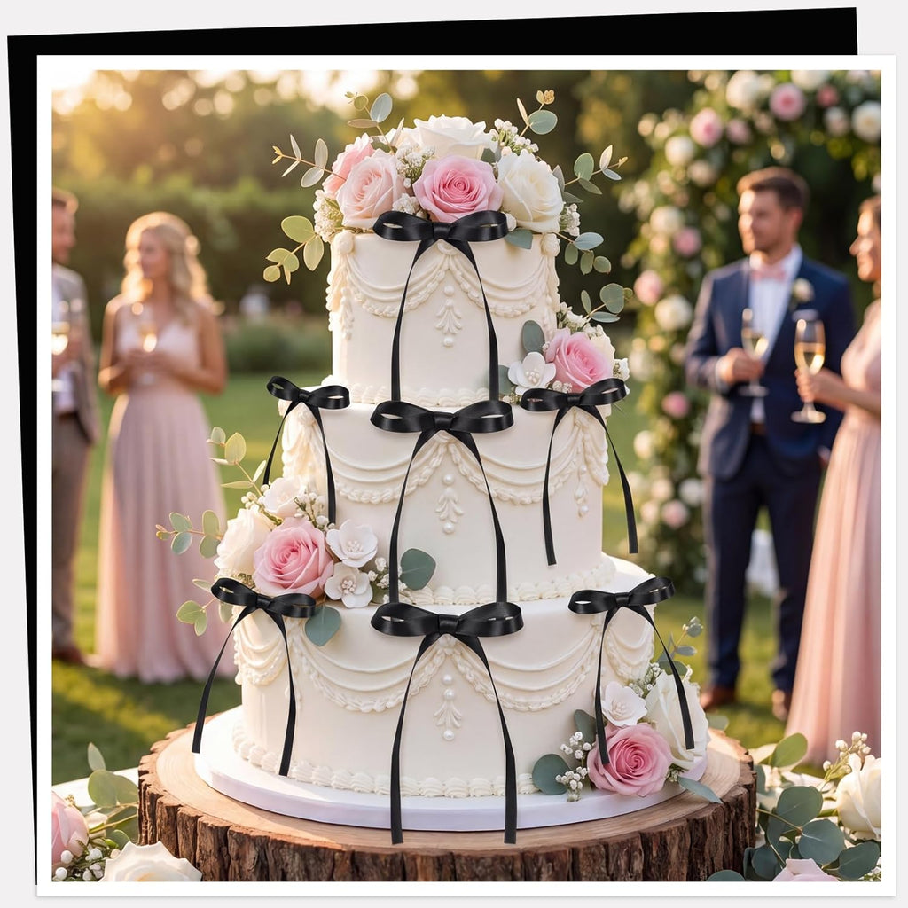 NatNarr 30 Pack Bow Cake Toppers Black Ribbon Bows for Cake Bow Cupcake Toppers Back to School Decorations Bow Birthday Decorations for Baby Shower, Wedding, Engagement, Bachelorette Party