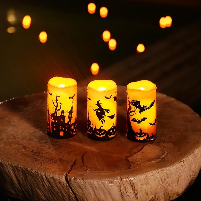 Homemory Halloween Candles, Orange Flameless Candles, Outdoor Waterproof Printed Decals Battery Operated LED Pillar Candles with Remote Timers for Fall Festival Spooky Decor, 3”x6”, Plastic, Set of 3