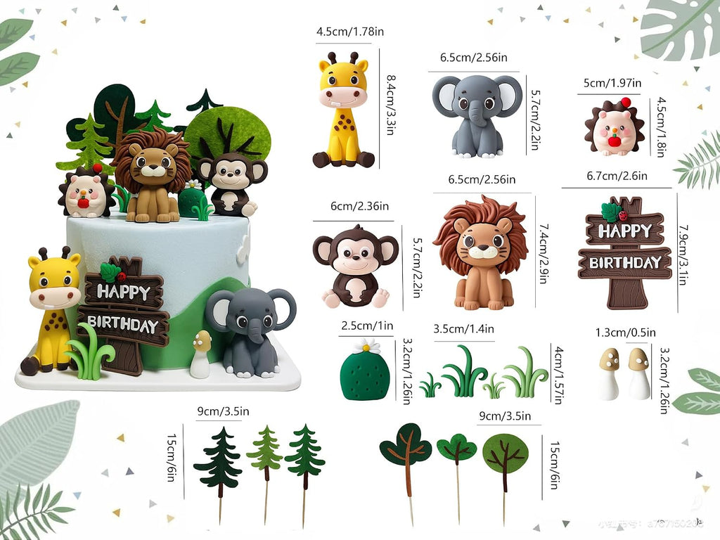 19pcs Safari Animal Cake Toppers Cake Decorations for Animals Themed Party | Cake Decorations for Safari Animals Wild Jungle Cake Toppers with Lion Elephant Giraffe Safari Themed Birthday Decorations
