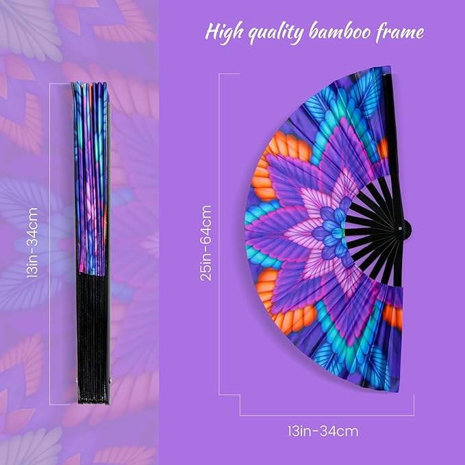 SYNTECSO Folding Hand Fan for Rave, UV Glow Fan, Large Bamboo Fan for Drag Queen, Women and Men Gift，Chinese Japanese Clack Fan for Parties, Music Festivals, EDM and Decoration