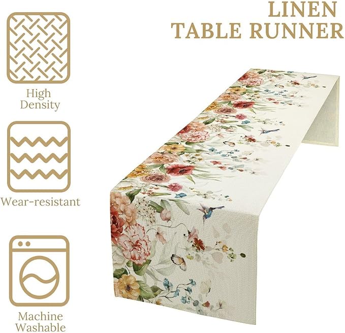 Rustic Floral Table Runner, Watercolor Flower Leaves Hummingbird Butterfly Farmhouse Kitchen Dinning Table Runner for Indoor Outdoor Home Wedding Party Holiday, 13x120 Inch