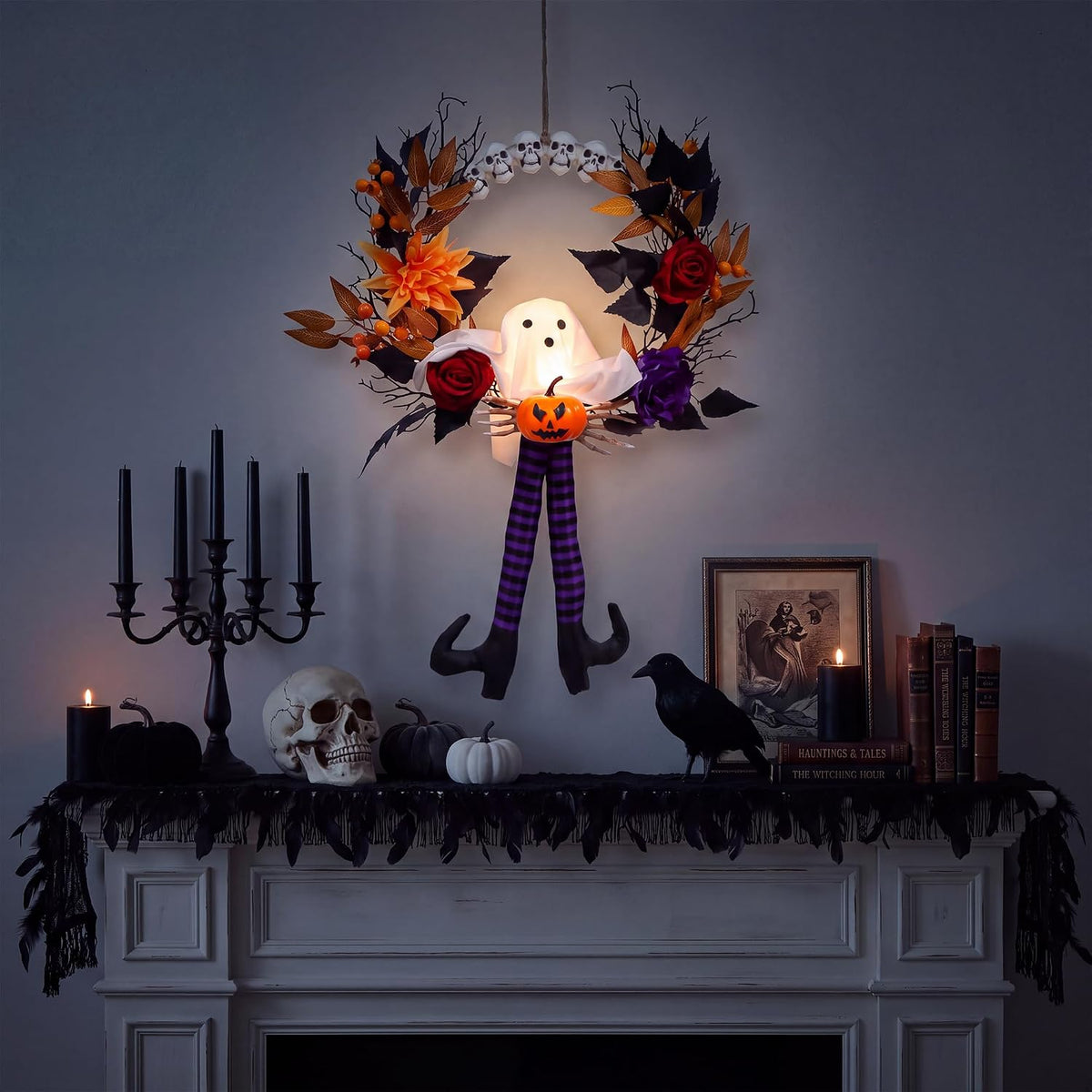 28Inch Length Halloween Wreath for Front Door, Gothic Lighted Fall Wreath