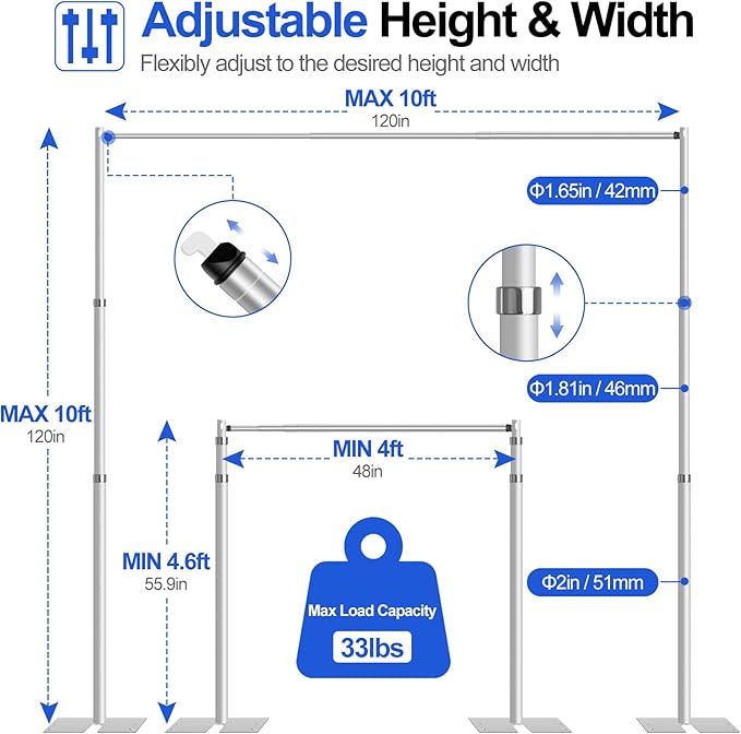 FUDESY Pipe and Drape Stand Kit, 10x10ft Heavy Duty Adjustable Metal Backdrop Frame for Photography, Wedding Parties, Decoration