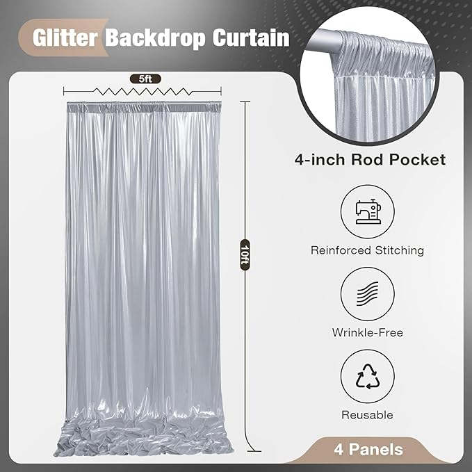 20x10FT Silver Sequin Backdrop - 4 Panels 5x10FT Wrinkle-Free Glitter Drapes for Weddings, Parties & Events