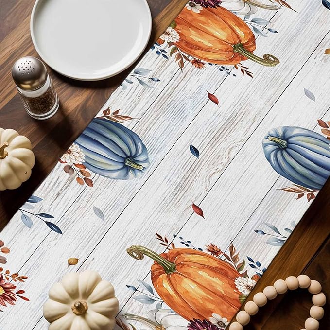 Thanksgiving Fall Cotton Linen Table Runner for Dining Kitchen, Pumpkins Eucalyptus Wedding Outdoor Party Tablerunners Decoration, Farmhouse Wooden Dresser Scarf Coffee Tablecloth Runners 13x90 Inches