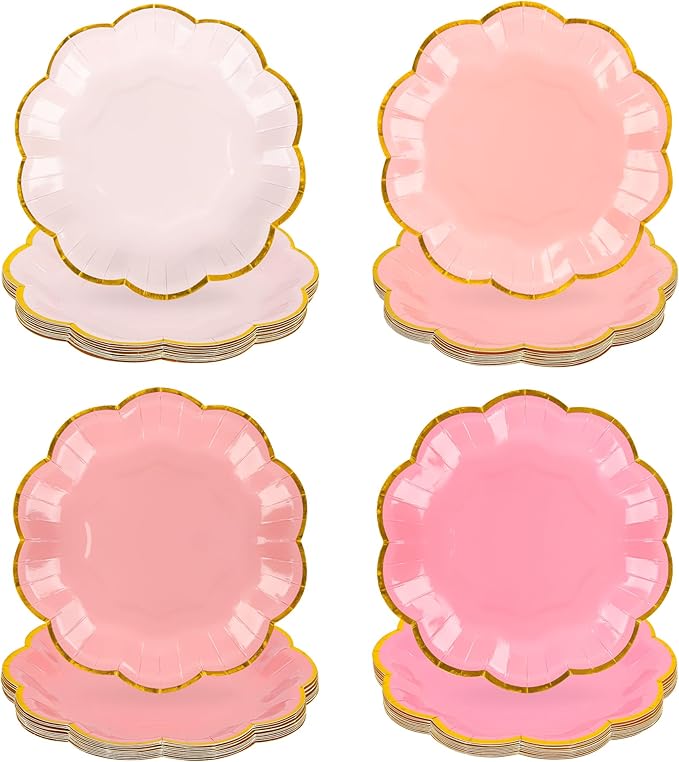 Pink Party Plates Gradient Pink Dessert Paper Plates 7inch Gold Foil Scalloped Edge Disposable Cake Plates for Tea Party Birthday Bridal Baby Shower Wedding Party Supplies (24)