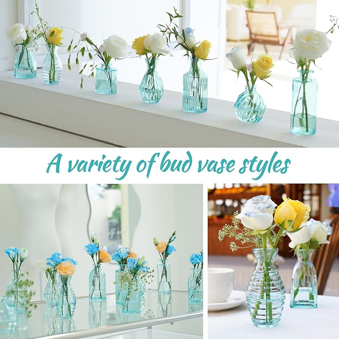 Bud Vases Set of 12, Blue Glass Vase Small Vintage Flower Vase for Decor Ribbed Glass Bud Vases in Bulk Wedding Decor Bridal Shower Party Centerpieces Home Room Table Decorations