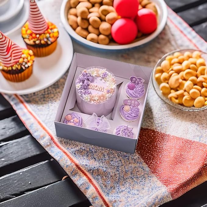 Bento Cake and Cupcake Box 4-inch Cake and 5 Cupcakes Box Full Clear Cover 5 Sets for Family Dinner Birthday Party Picnic Gift