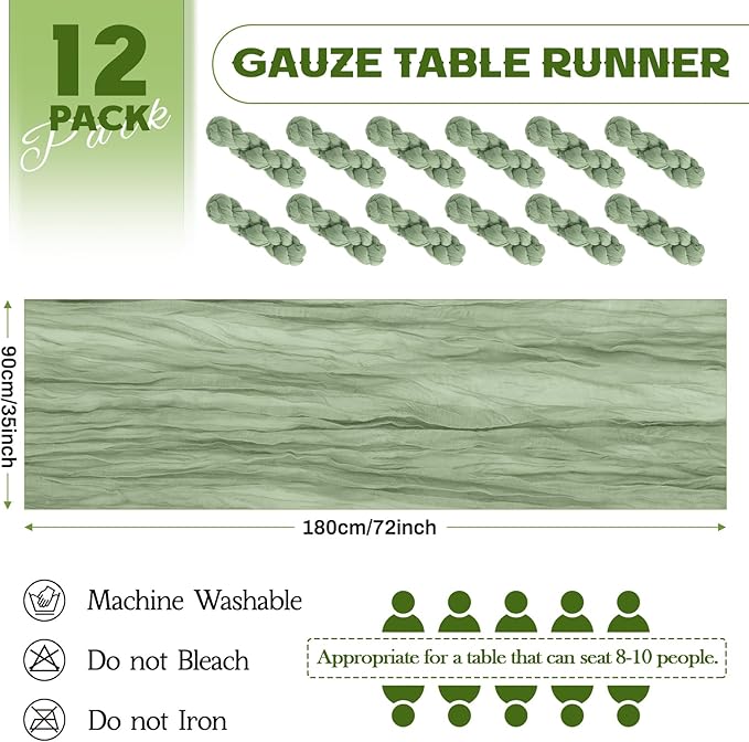 Aktor 12 Pack Sage Green Table Runner Boho Cheesecloth Table Runner Semi Sheer Gauze Fabric Runners for Wedding Birthday Baby Shower Party Boho Table Decoration（Sage Green）