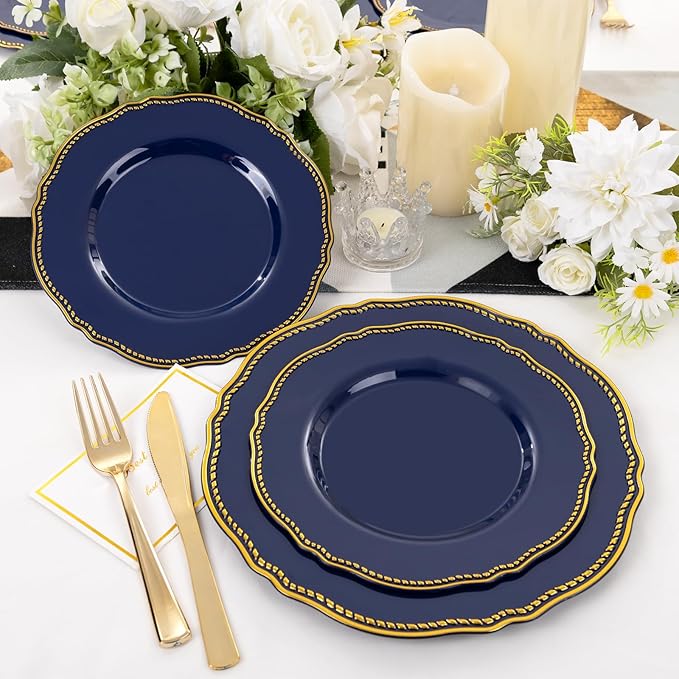 Hioasis 60pcs Blue Plastic Plates - Blue and Gold Disposable Dinnerware with Gold Rim, Heavy-duty, 7.5 inch, Dessert Plates for Party & Wedding