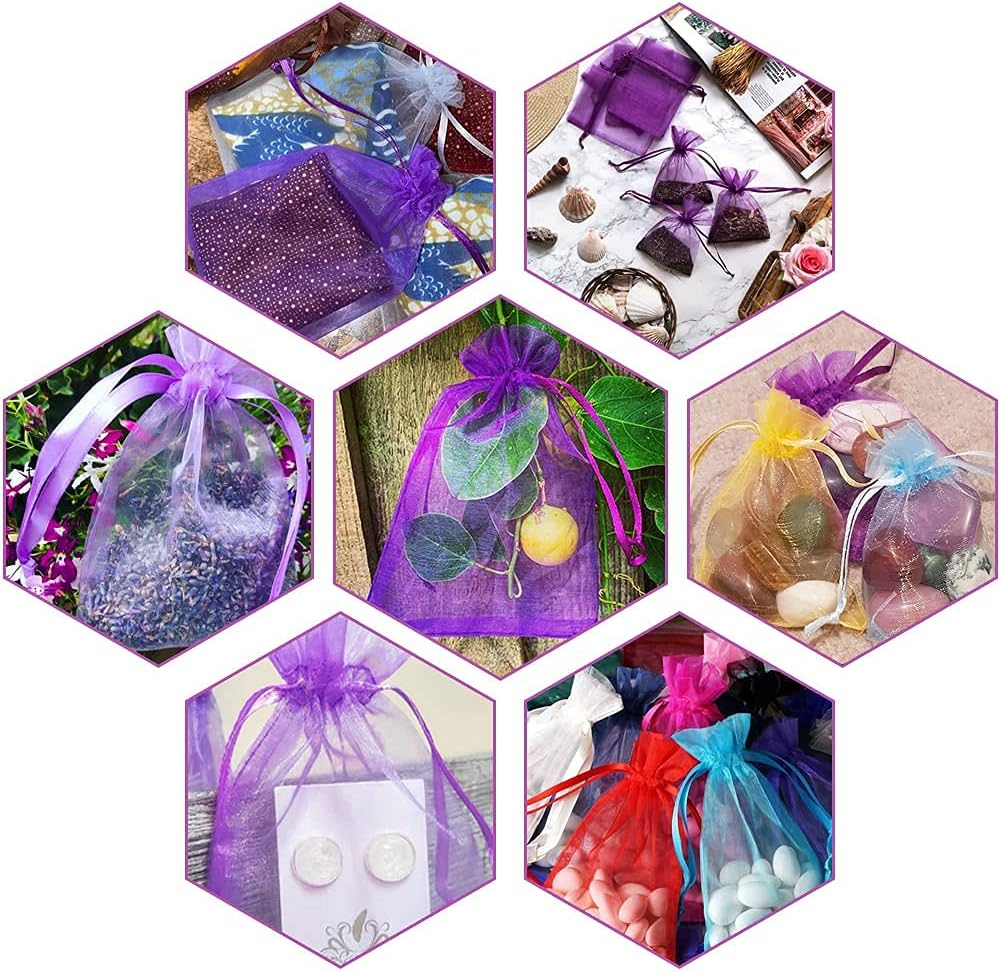G2PLUS Purple Organza Bags 4x6 in, 100PCS Drawstring Organza Bags, Sheer Mesh Jewelry Pouches, Lavender Wedding Party Festival Gift Bag Candy Pouches for Mother's Day, Party Favors