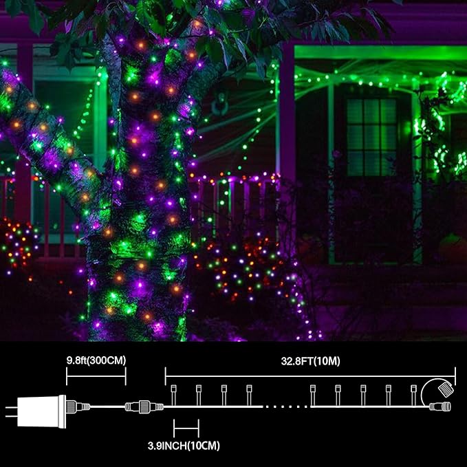 LAMPHOME 33ft Halloween Decorative Mini Lights, 100 LED Clear Wire Fairy Starry String Lights Plug in, 16Lighting Modes for Halloween Outdoor Party Decoration (Orange/Purple/Green)