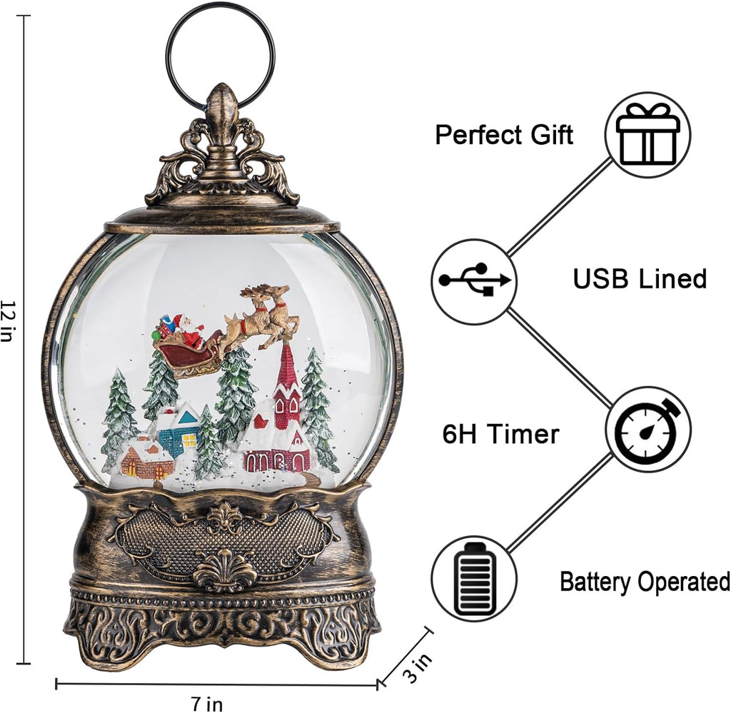 Christmas Snow Globe Lantern with Santa Claus Flying Reindeer, Lighted Swirling Glittering Snow Globes with Music & Timer, Christmas Decorations for Home Tabletop Indoor Gifts