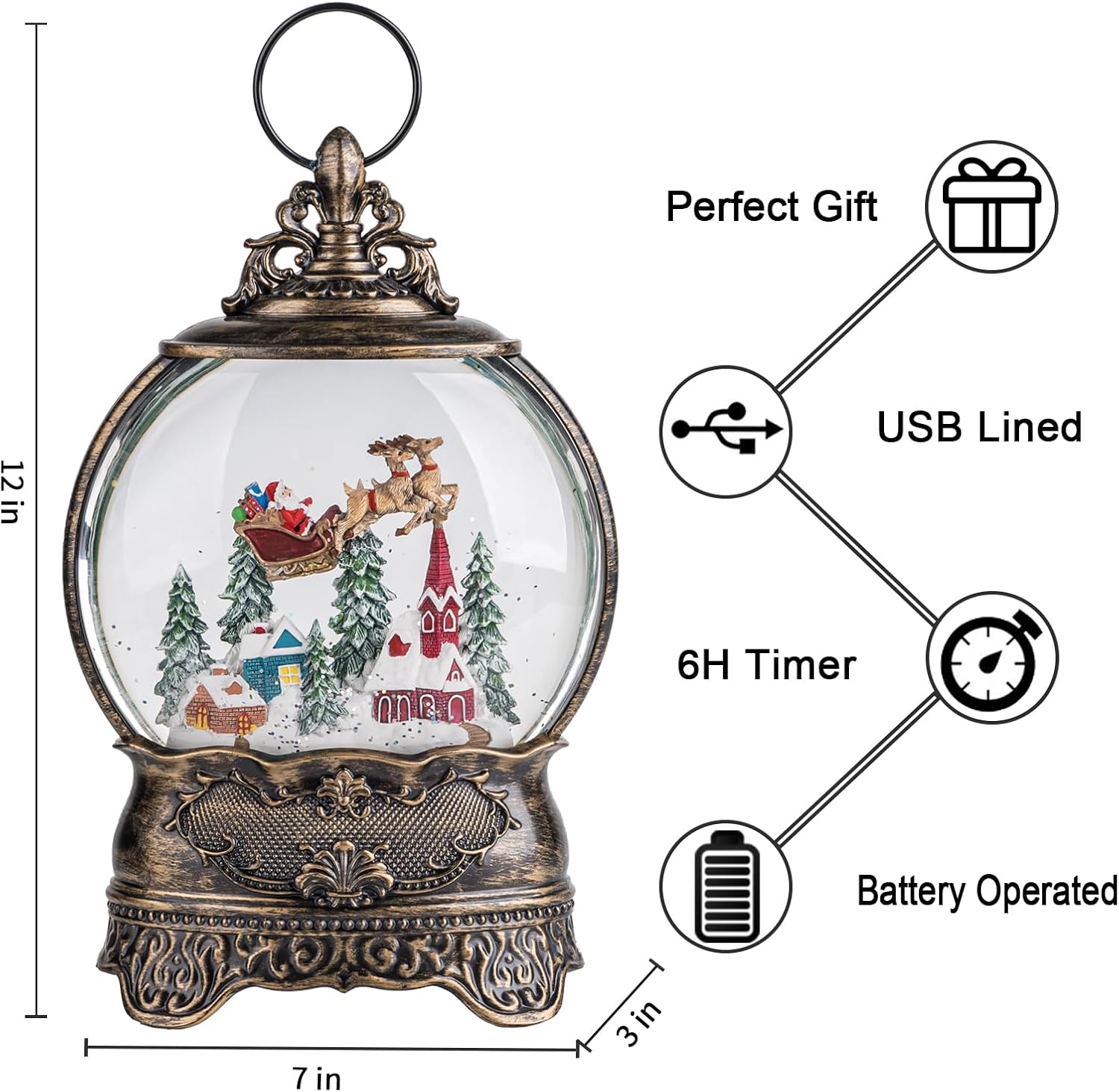 Christmas Snow Globe Lantern with Santa Claus Flying Reindeer, Lighted Swirling Glittering Snow Globes with Music & Timer, Christmas Decorations for Home Tabletop Indoor Gifts