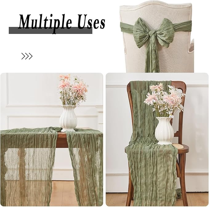 Sage Green 6 Pack Cheesecloth Table Runner 120 Inch 10 FT Boho Rustic Gauze for Wedding Baby Shower Party Farmhouse Summer Home Decor Washable