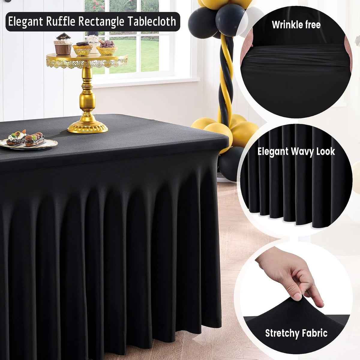 Spandex Tablecloth 6FT Rectangle Table Cover 6 Pack Black Wrinkle-Free