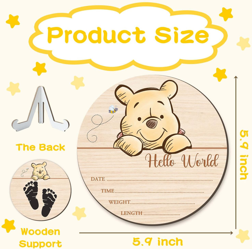 Winnie Baby Wooden Newborn Birth Sign, Winnie Hello World Newborn Signs, The Pooh Baby Announcement Sign, Double Sided Babies Name Plaques Photography Prop, Hello World for New Mom Babies