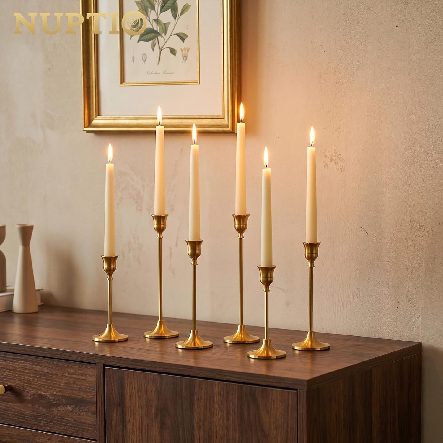 2 Sets(6 Pcs) Brass Gold Metal Taper Candle Holders Candlestick Holders, Vintage Modern Decorative Centerpiece Candlestick Holders for Table Mantel Wedding Housewarming Gift