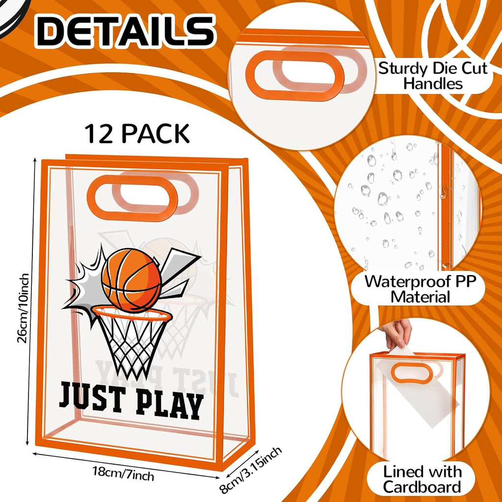 Aliceset 12 Pcs Basketball Clear Goodie Bag with Die Cut Handles and Ribbons Sport Theme Party Favor Bags for Basketball Team Snack Wrapping Teamer Gifts Birthday Party Treats Supplies, 7x10x3.15 Inch