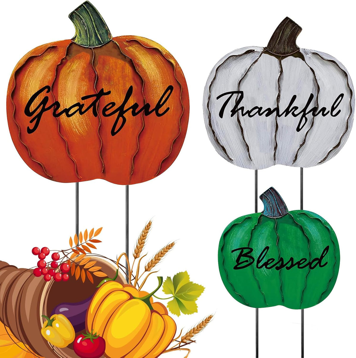 3 Pcs Thanksgiving Fall Outdoor Decor Metal Pumpkin Yard Stakes Decorations