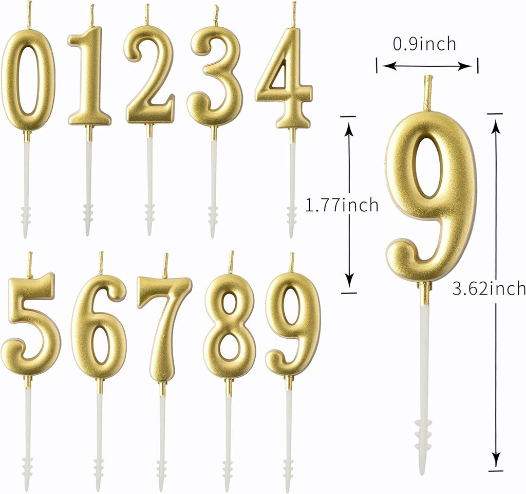 PHD CAKE 10-Pieces Gold Numeral Birthday Candles, Cake Numeral Candles Number 0-9 Glitter Cake Topper Decoration for Birthday,Wedding Anniversary,Party Celebration