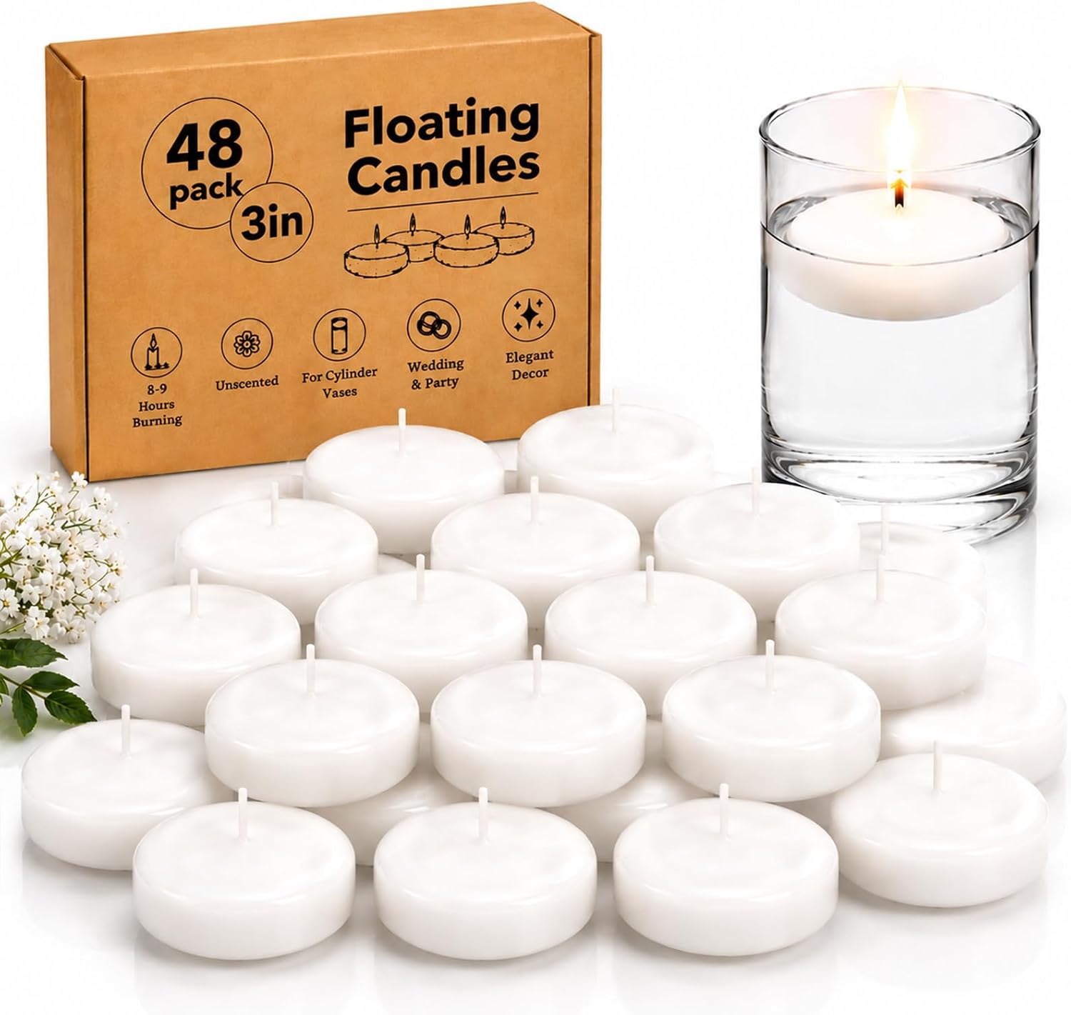 3 inch White Floating Candles, 48 Pack Unscented Floating Candle,8-9 Hours Burning Floating Candles for Centerpieces, 3“ Water Candles for Cylinder Vases, Wedding, Party