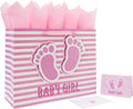 16.5'' Extra Large Baby Girl Gift Bag Set with Handles, Greeting Card, Pink Tissue Papers and Stickers for Girls Kids for Baby Shower, Girls' Birthday Party, Newborn, New Moms, Little One, 1st Baby, 3D Footprints Design, 1 Pcs