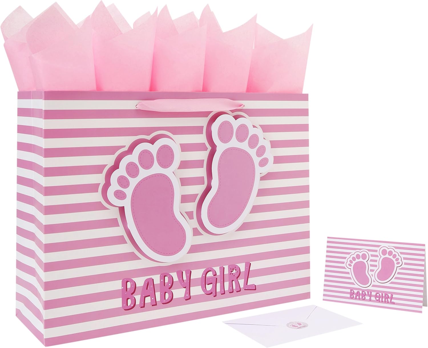 16.5'' Extra Large Baby Girl Gift Bag Set with Handles, Greeting Card, Pink Tissue Papers and Stickers for Girls Kids for Baby Shower, Girls' Birthday Party, Newborn, New Moms, Little One, 1st Baby, 3D Footprints Design, 1 Pcs