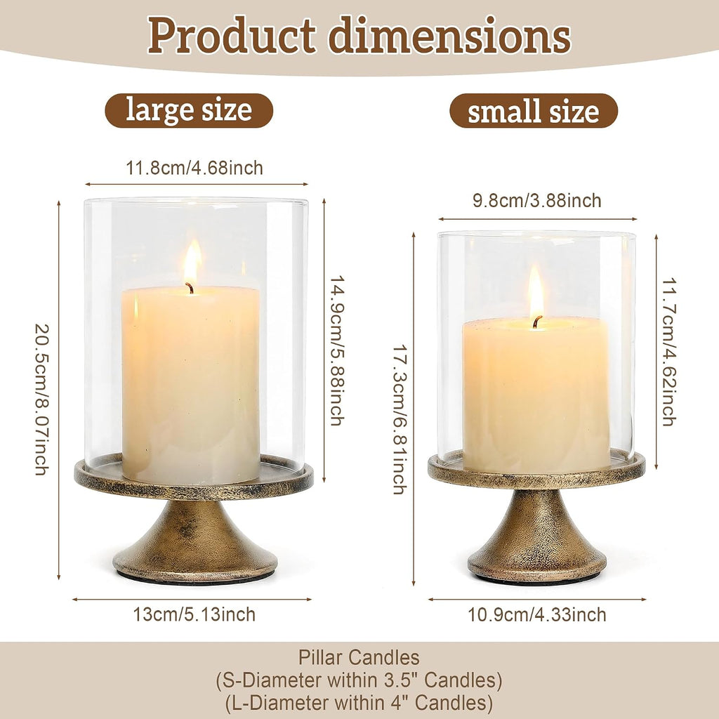 Set of 2 Hurricane Candle Holder Set with Glass Dome & Iron Base – Elegant Decorative Pillar Candle Holders for Living Room, Dining Room & Bedroom Centerpiece - Ideal Home Décor