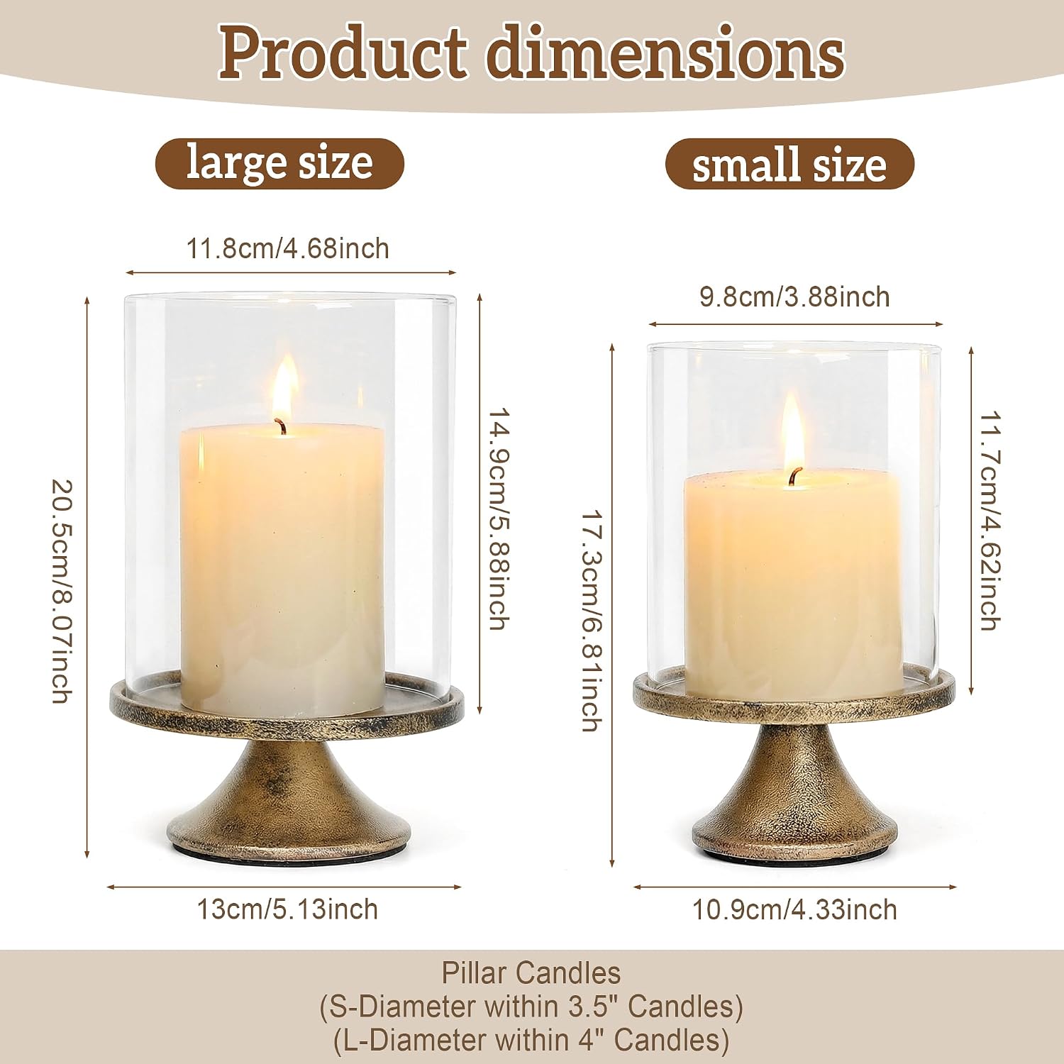 Set of 2 Hurricane Candle Holder Set with Glass Dome & Iron Base – Elegant Decorative Pillar Candle Holders for Living Room, Dining Room & Bedroom Centerpiece - Ideal Home Décor