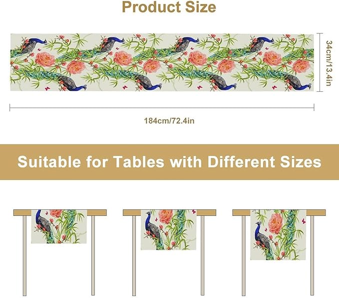 Peacock Table Runner,Seasonal Flower Plants Peacock Birds Table Runner for Home Kitchen Dining Party Indoor Outdoor Decoration 13x108 Inch