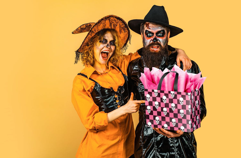 ysmile Halloween Skull Net Gift Bag with Tissue Paper for Men Women Boy Girl 12.6" 2 Pack Black Pink