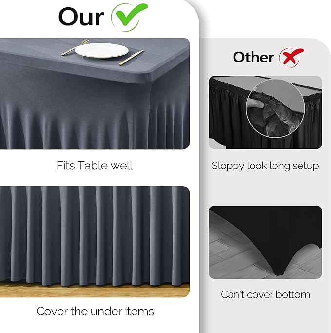 Wish Care 6 Pack Gray Spandex Table Clothes for 8 Foot Rectangle Tables, 8FT Wrinkle Free Fitted Tablecloths Ruffles Design Table Cover for Party, Banquet, Wedding and Events
