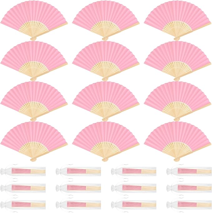 12 Pieces Pink Hand Held Bamboo Folding Fans Paper Fans Handheld for Women Foldable Girls Wedding DIY Decoration Church Home Party Favors Summer