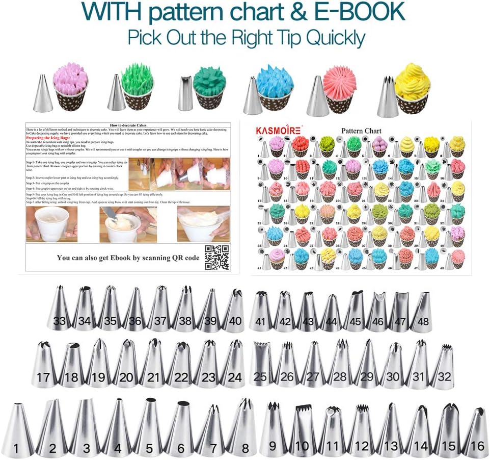 Kasmoire 70 Pcs Cake&Cupcake Decorating Supplies Tips kit-48 Numbered Piping Tips & 6 Reusable Pastry bag with Pattern Chart - Flower Nail, Icing Spatula,Cleaning Brush, 6 Couplers & Icing Bag Ties