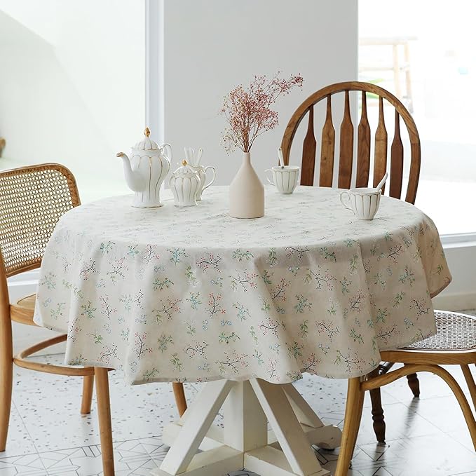 YiHomer Pastoral Round Tablecloth - 60 Inch Dia. - Beige Linen Table Cloth - Washable Table Cover with Dust-Proof Wrinkle Resistant for Restaurant, Picnic, Bistro, Indoor and Outdoor Dining, Gardenia