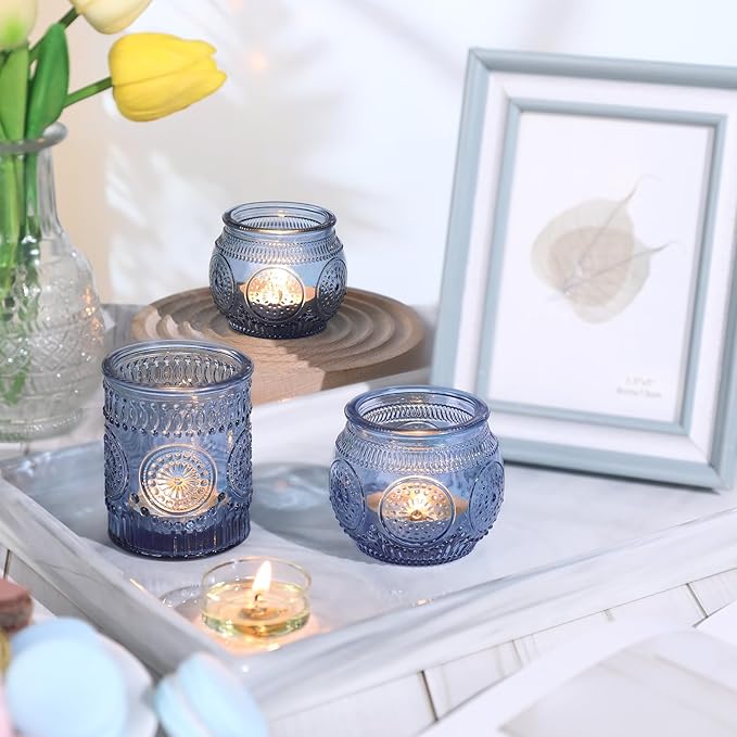 DARJEN 12Pcs Blue Votive Candle Holders - Votive Candle Holders Bulk, Glass Candle Holder for Party Decoration, Tea Lights Candle Holders for Wedding