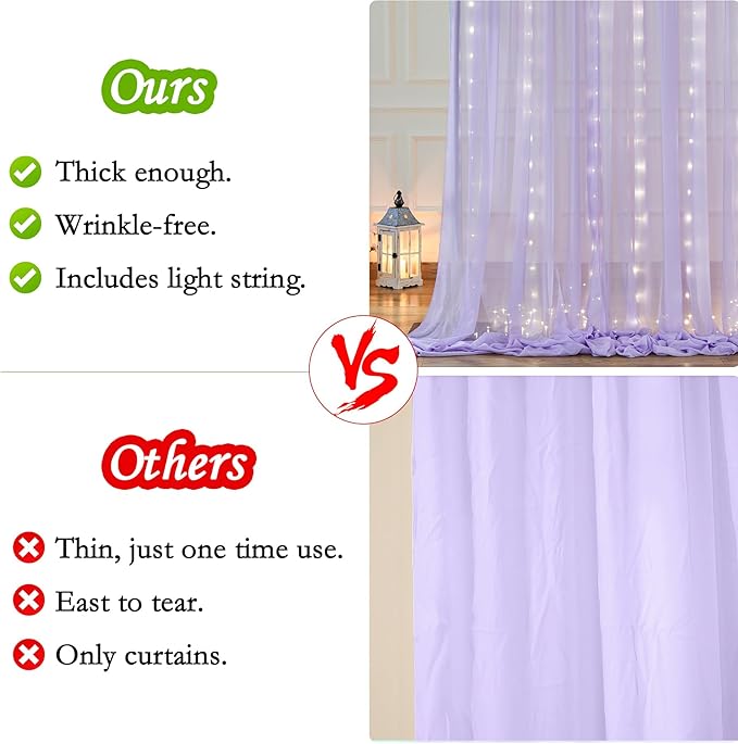 10ft x 10ft Lavender Chiffon Backdrop Curtain with Lights String for Parites Wedding Wrinkle Free Curtain Photo Backdrops Drapes for Baby Shower Birthday Party Home Decorations