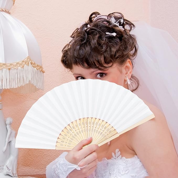 MCEAST 30 Pieces Silk Folding Fans with Bamboo Frames, Handheld Fan Foldable Fan for Wedding Gifts, Party Favors, Home Decoration, White